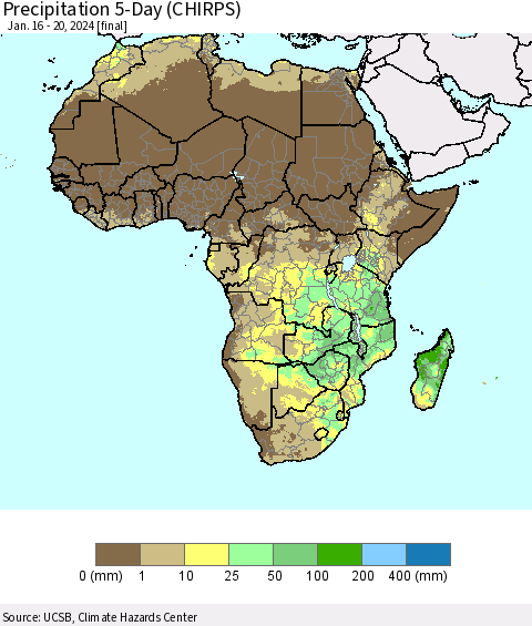 Africa Precipitation 5-Day (CHIRPS) Thematic Map For 1/16/2024 - 1/20/2024