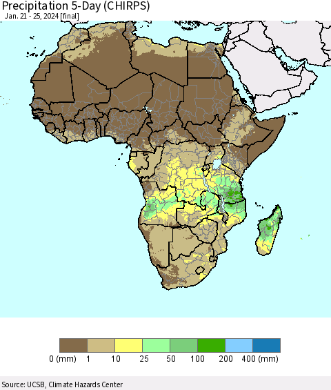 Africa Precipitation 5-Day (CHIRPS) Thematic Map For 1/21/2024 - 1/25/2024