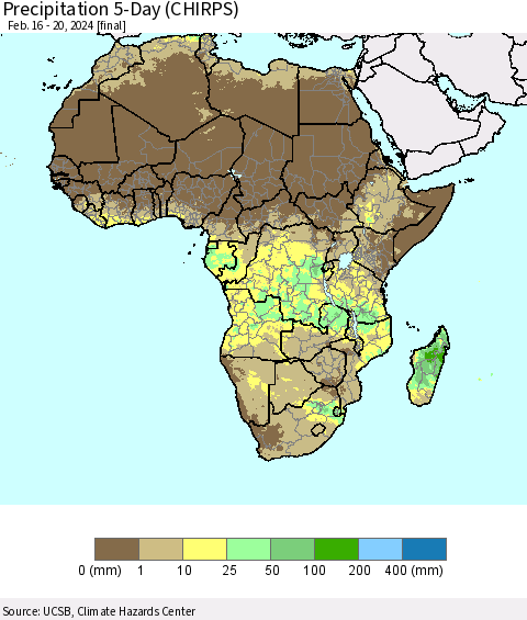 Africa Precipitation 5-Day (CHIRPS) Thematic Map For 2/16/2024 - 2/20/2024