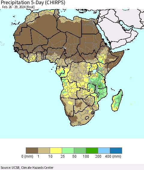 Africa Precipitation 5-Day (CHIRPS) Thematic Map For 2/26/2024 - 2/29/2024
