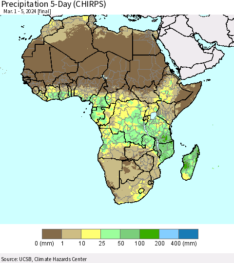 Africa Precipitation 5-Day (CHIRPS) Thematic Map For 3/1/2024 - 3/5/2024