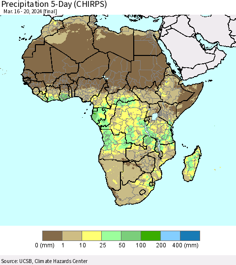 Africa Precipitation 5-Day (CHIRPS) Thematic Map For 3/16/2024 - 3/20/2024