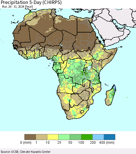 Africa Precipitation 5-Day (CHIRPS) Thematic Map For 3/26/2024 - 3/31/2024