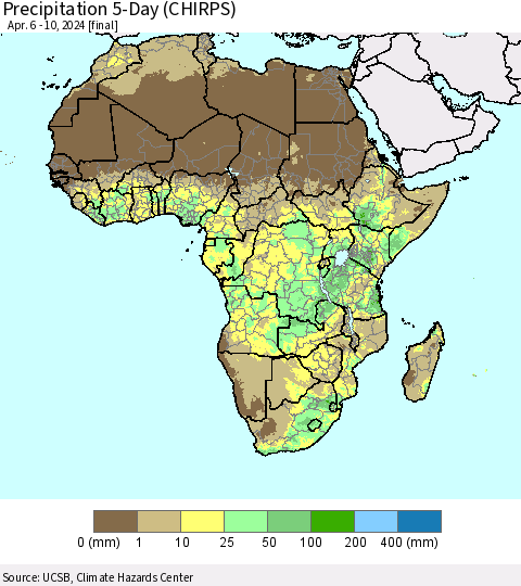Africa Precipitation 5-Day (CHIRPS) Thematic Map For 4/6/2024 - 4/10/2024