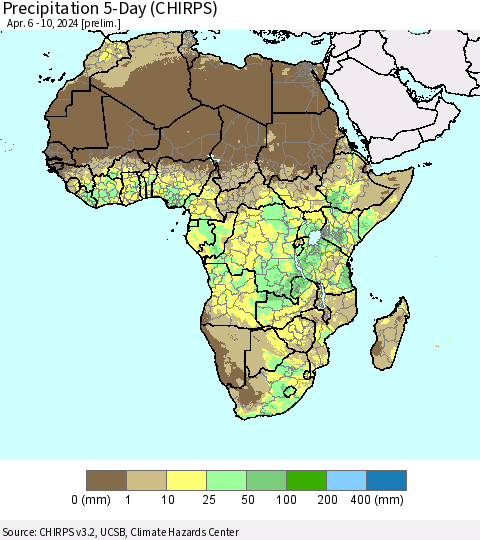 Africa Precipitation 5-Day (CHIRPS) Thematic Map For 4/6/2024 - 4/10/2024