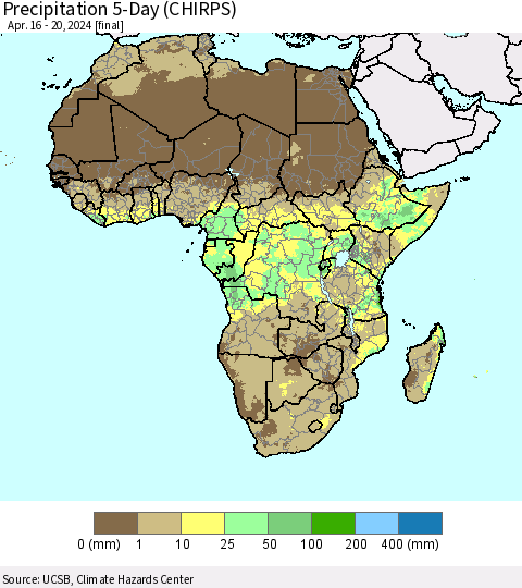 Africa Precipitation 5-Day (CHIRPS) Thematic Map For 4/16/2024 - 4/20/2024