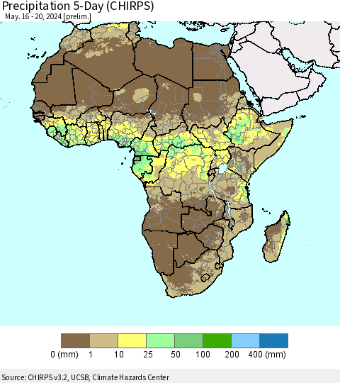 Africa Precipitation 5-Day (CHIRPS) Thematic Map For 5/16/2024 - 5/20/2024
