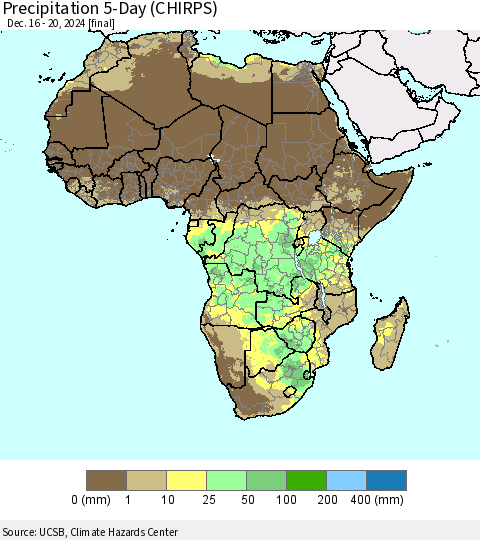 Africa Precipitation 5-Day (CHIRPS) Thematic Map For 12/16/2024 - 12/20/2024