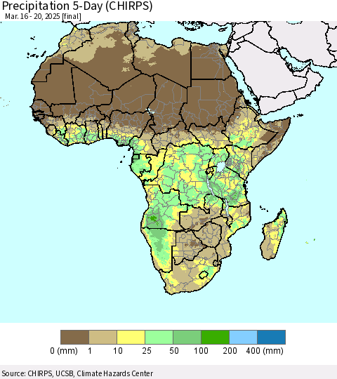 Africa Precipitation 5-Day (CHIRPS) Thematic Map For 3/16/2025 - 3/20/2025