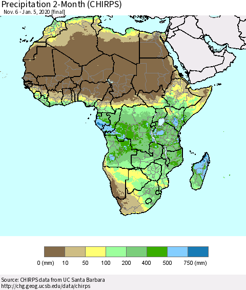 Africa Precipitation 2-Month (CHIRPS) Thematic Map For 11/6/2019 - 1/5/2020