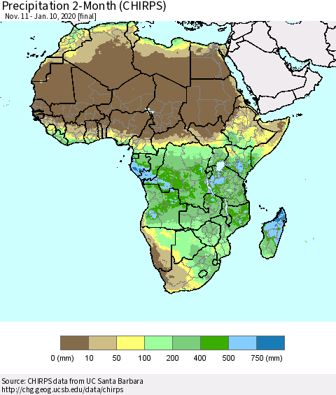 Africa Precipitation 2-Month (CHIRPS) Thematic Map For 11/11/2019 - 1/10/2020