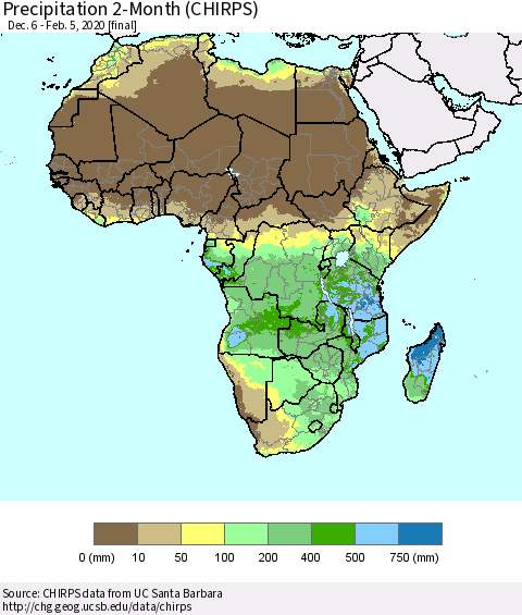Africa Precipitation 2-Month (CHIRPS) Thematic Map For 12/6/2019 - 2/5/2020