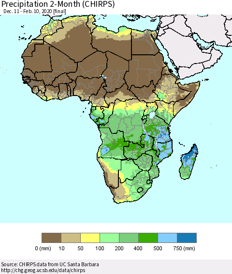 Africa Precipitation 2-Month (CHIRPS) Thematic Map For 12/11/2019 - 2/10/2020