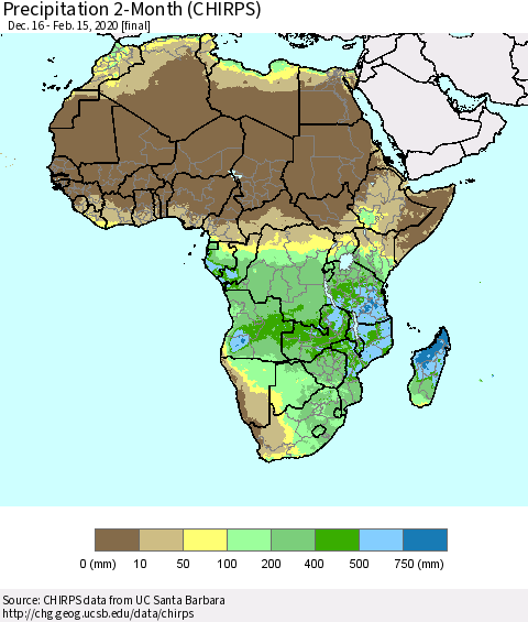 Africa Precipitation 2-Month (CHIRPS) Thematic Map For 12/16/2019 - 2/15/2020