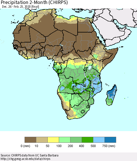Africa Precipitation 2-Month (CHIRPS) Thematic Map For 12/26/2019 - 2/25/2020