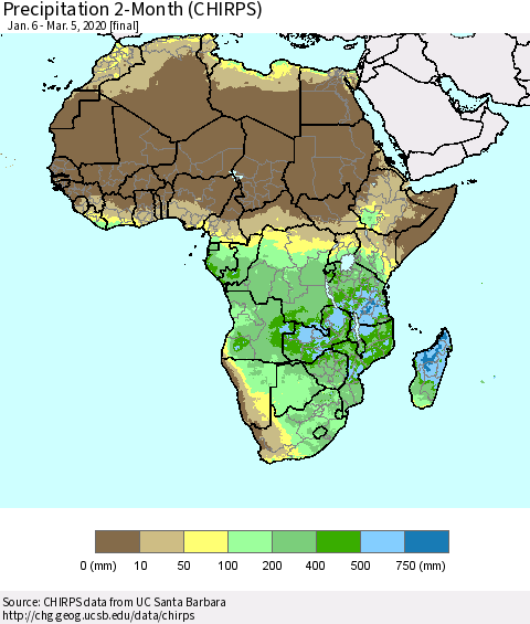 Africa Precipitation 2-Month (CHIRPS) Thematic Map For 1/6/2020 - 3/5/2020