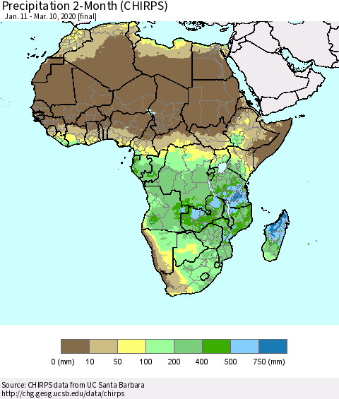 Africa Precipitation 2-Month (CHIRPS) Thematic Map For 1/11/2020 - 3/10/2020