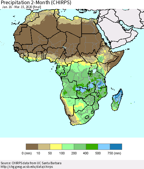 Africa Precipitation 2-Month (CHIRPS) Thematic Map For 1/16/2020 - 3/15/2020