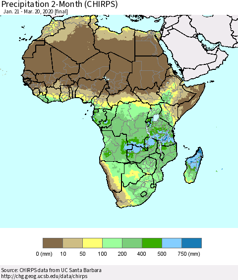 Africa Precipitation 2-Month (CHIRPS) Thematic Map For 1/21/2020 - 3/20/2020