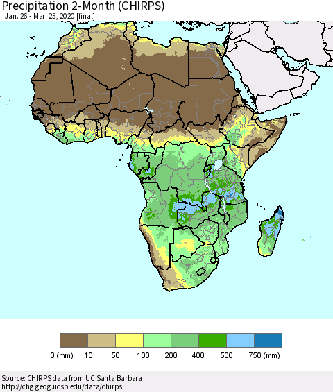 Africa Precipitation 2-Month (CHIRPS) Thematic Map For 1/26/2020 - 3/25/2020