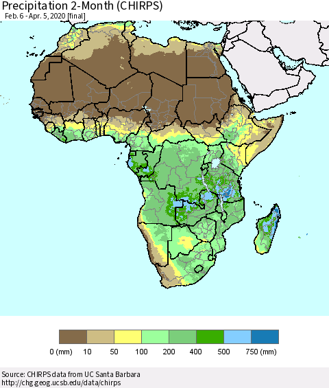 Africa Precipitation 2-Month (CHIRPS) Thematic Map For 2/6/2020 - 4/5/2020