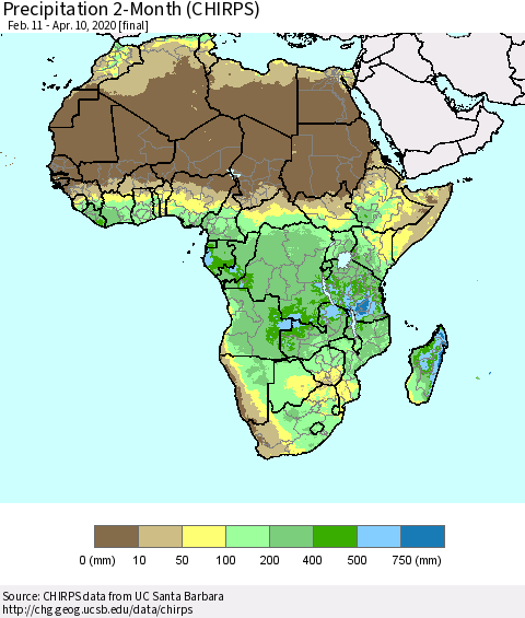 Africa Precipitation 2-Month (CHIRPS) Thematic Map For 2/11/2020 - 4/10/2020