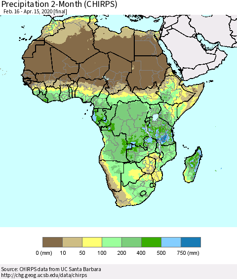 Africa Precipitation 2-Month (CHIRPS) Thematic Map For 2/16/2020 - 4/15/2020