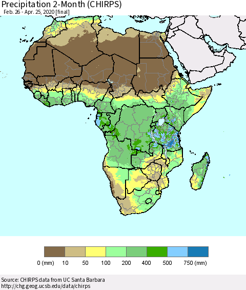 Africa Precipitation 2-Month (CHIRPS) Thematic Map For 2/26/2020 - 4/25/2020