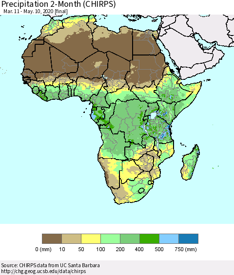 Africa Precipitation 2-Month (CHIRPS) Thematic Map For 3/11/2020 - 5/10/2020