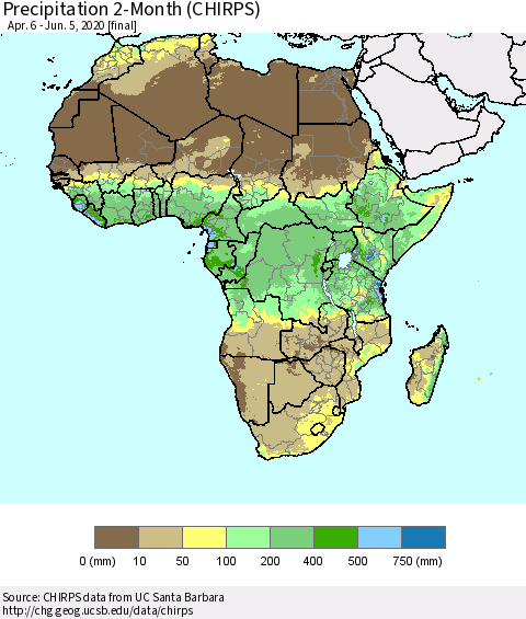 Africa Precipitation 2-Month (CHIRPS) Thematic Map For 4/6/2020 - 6/5/2020