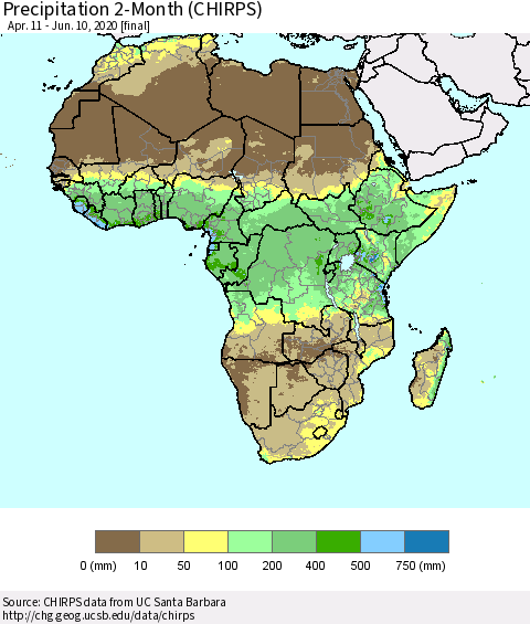 Africa Precipitation 2-Month (CHIRPS) Thematic Map For 4/11/2020 - 6/10/2020