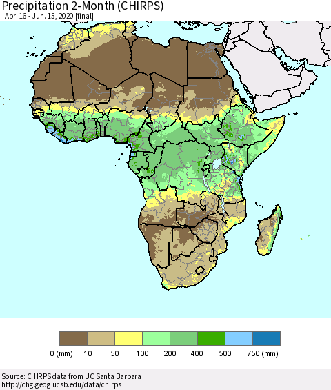 Africa Precipitation 2-Month (CHIRPS) Thematic Map For 4/16/2020 - 6/15/2020