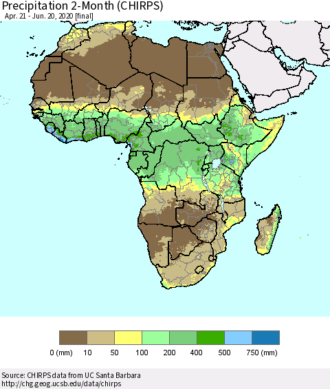 Africa Precipitation 2-Month (CHIRPS) Thematic Map For 4/21/2020 - 6/20/2020