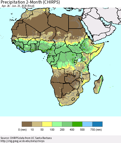 Africa Precipitation 2-Month (CHIRPS) Thematic Map For 4/26/2020 - 6/25/2020
