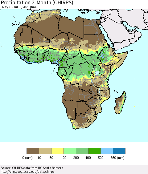 Africa Precipitation 2-Month (CHIRPS) Thematic Map For 5/6/2020 - 7/5/2020
