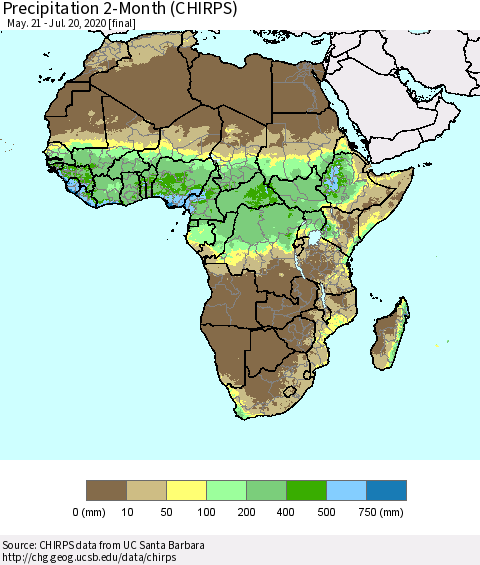 Africa Precipitation 2-Month (CHIRPS) Thematic Map For 5/21/2020 - 7/20/2020