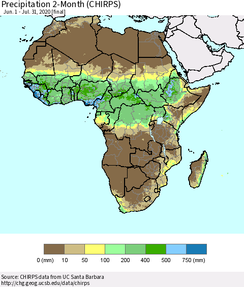 Africa Precipitation 2-Month (CHIRPS) Thematic Map For 6/1/2020 - 7/31/2020