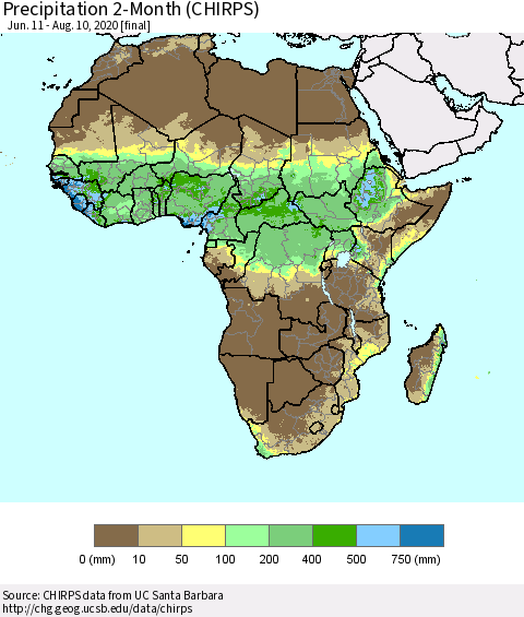 Africa Precipitation 2-Month (CHIRPS) Thematic Map For 6/11/2020 - 8/10/2020