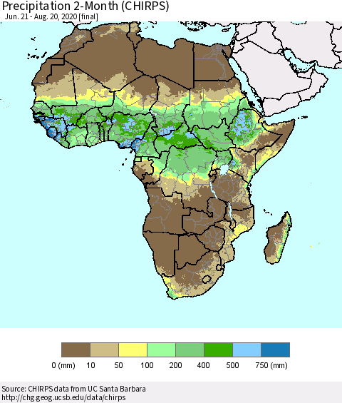 Africa Precipitation 2-Month (CHIRPS) Thematic Map For 6/21/2020 - 8/20/2020
