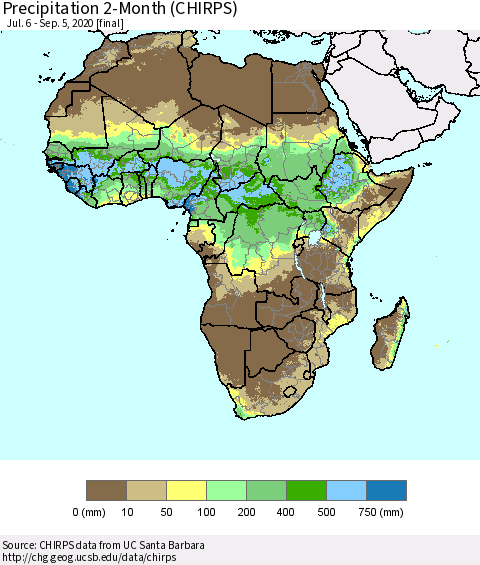 Africa Precipitation 2-Month (CHIRPS) Thematic Map For 7/6/2020 - 9/5/2020