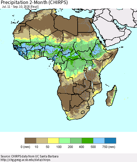 Africa Precipitation 2-Month (CHIRPS) Thematic Map For 7/11/2020 - 9/10/2020