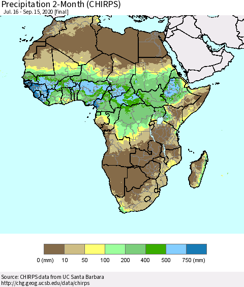 Africa Precipitation 2-Month (CHIRPS) Thematic Map For 7/16/2020 - 9/15/2020