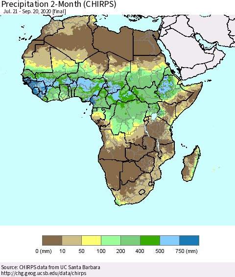 Africa Precipitation 2-Month (CHIRPS) Thematic Map For 7/21/2020 - 9/20/2020