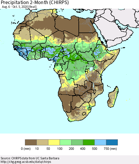 Africa Precipitation 2-Month (CHIRPS) Thematic Map For 8/6/2020 - 10/5/2020