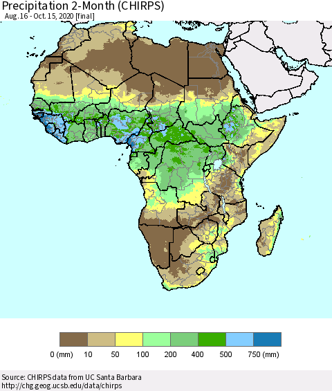 Africa Precipitation 2-Month (CHIRPS) Thematic Map For 8/16/2020 - 10/15/2020