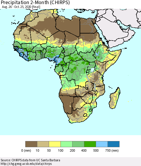 Africa Precipitation 2-Month (CHIRPS) Thematic Map For 8/26/2020 - 10/25/2020