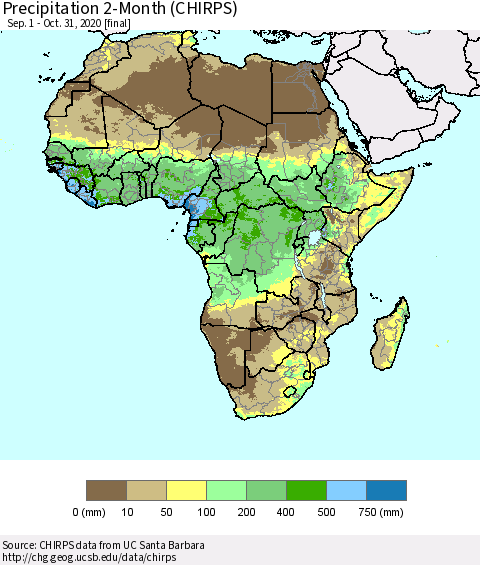 Africa Precipitation 2-Month (CHIRPS) Thematic Map For 9/1/2020 - 10/31/2020