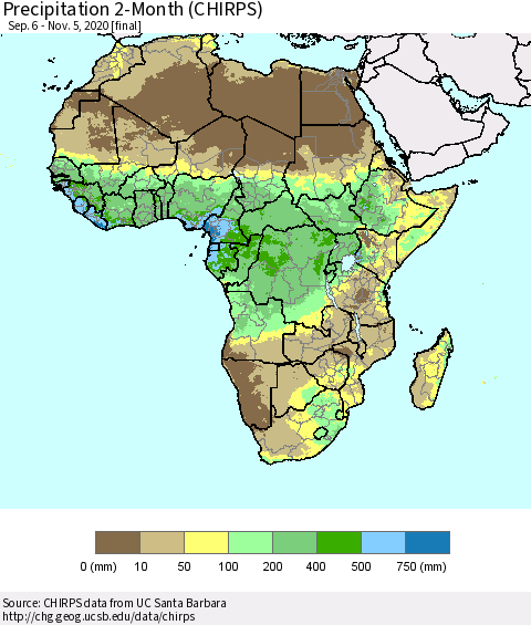 Africa Precipitation 2-Month (CHIRPS) Thematic Map For 9/6/2020 - 11/5/2020