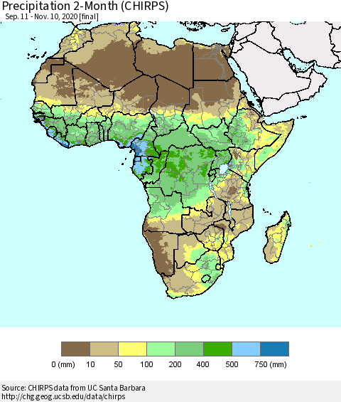 Africa Precipitation 2-Month (CHIRPS) Thematic Map For 9/11/2020 - 11/10/2020