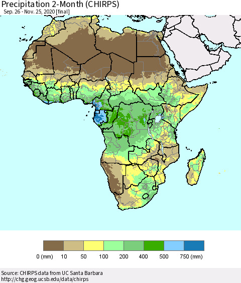 Africa Precipitation 2-Month (CHIRPS) Thematic Map For 9/26/2020 - 11/25/2020